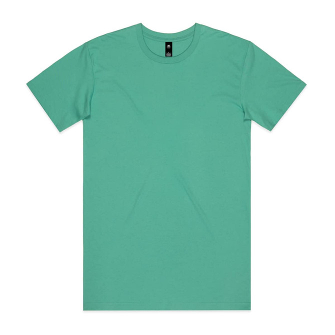 A plain mint green t-shirt featuring a tag and no visible graphics or designs.
