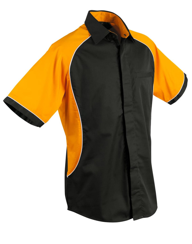 A black and orange button-up shirt featuring contrast seams and a single chest pocket. It has a logo on the chest.