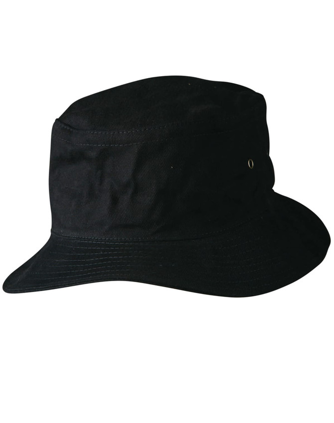 A black soft washed bucket hat featuring a branded logo on the side, with a wide brim for sun protection.