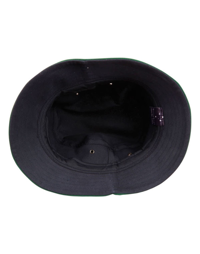 A black bucket hat with a contrasting brim, featuring an inner lining and a logo.