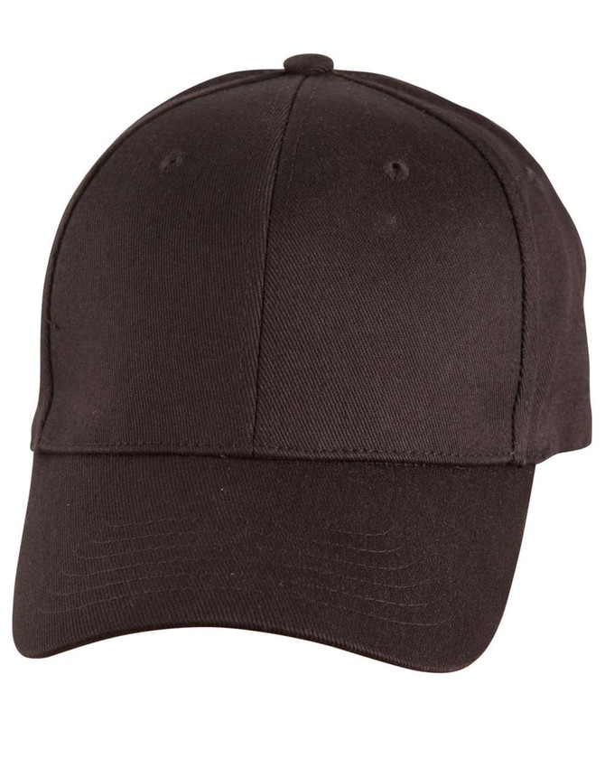 A black cotton fitted cap with a curved brim, featuring a logo on the front.