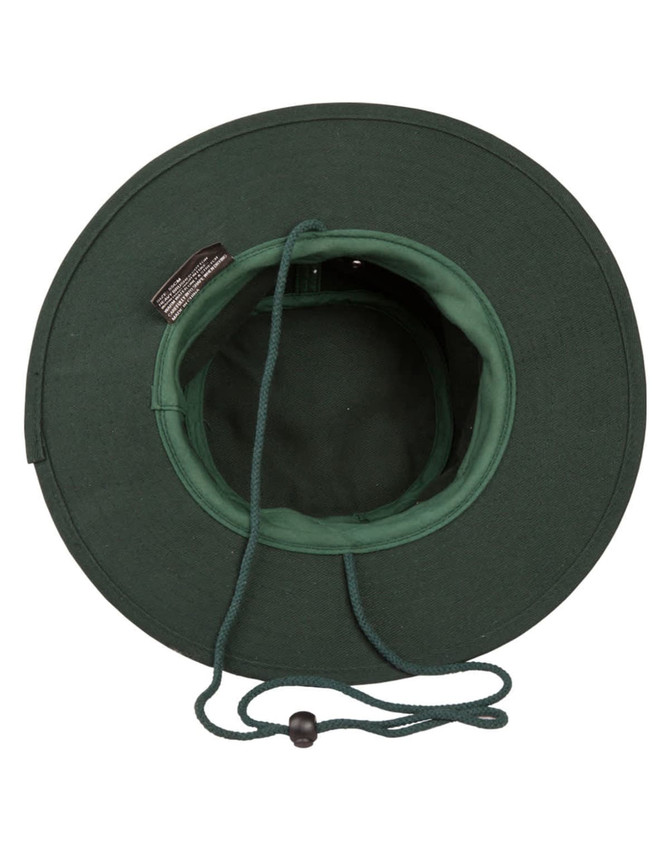 A green brim hat with an adjustable chin strap and a solid interior. It features a logo inside the crown.