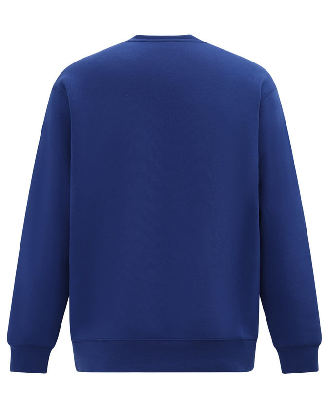 A navy crewneck fleece jumper featuring a plain back design and long sleeves. It has a logo.
