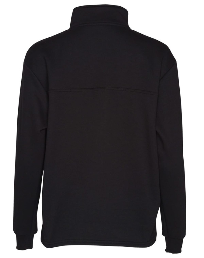 A black half-zip fleece jumper featuring a collar and a plain design, with a logo on the back.