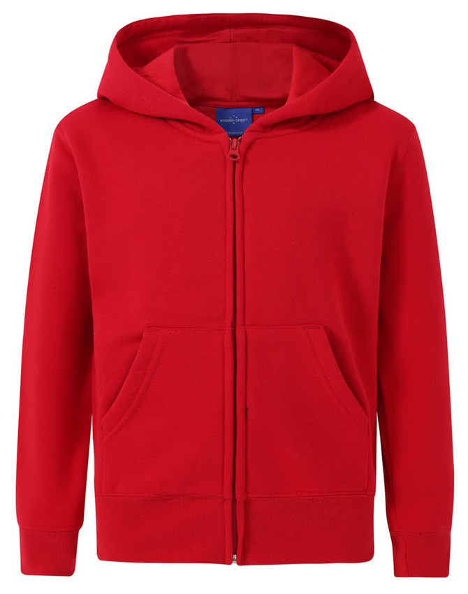 A red full-zip fleece hoodie with a hood and front pockets, featuring a logo.
