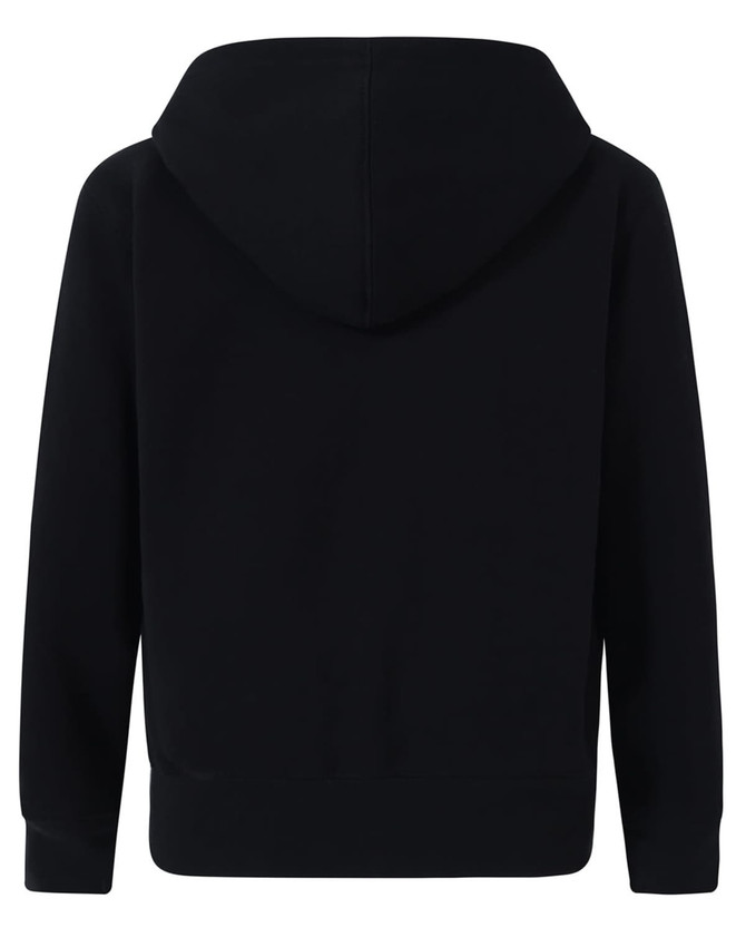 A black kid's full-zip fleecy hoodie with a hood, featuring a plain back design and ribbed cuffs.