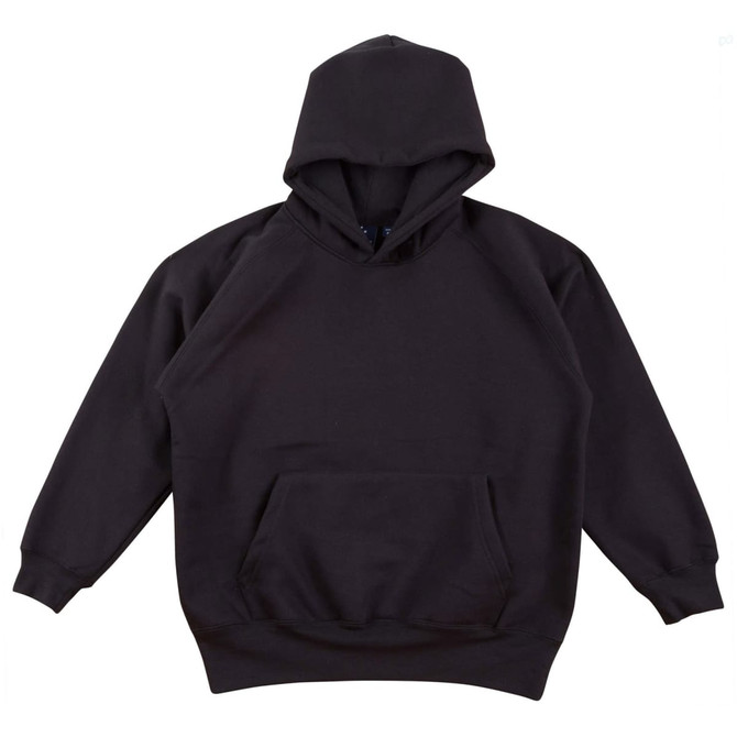 A black kids' fleece hoodie with a front pocket and a drawstring hood. It features a brand logo.