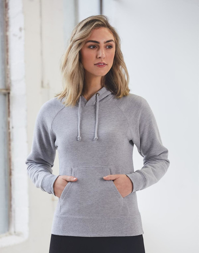 A light grey ladies' fleece hoodie with a front pocket and a drawstring hood. It features a logo.