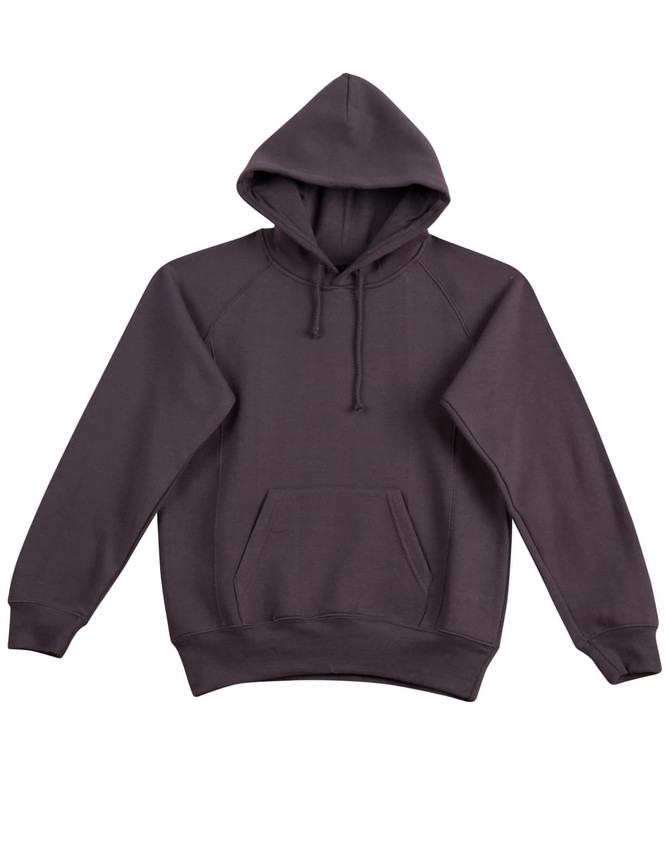 A ladies' fleecy hoodie in a dark grey colour with a front pocket and a hood. It features a logo on the chest.