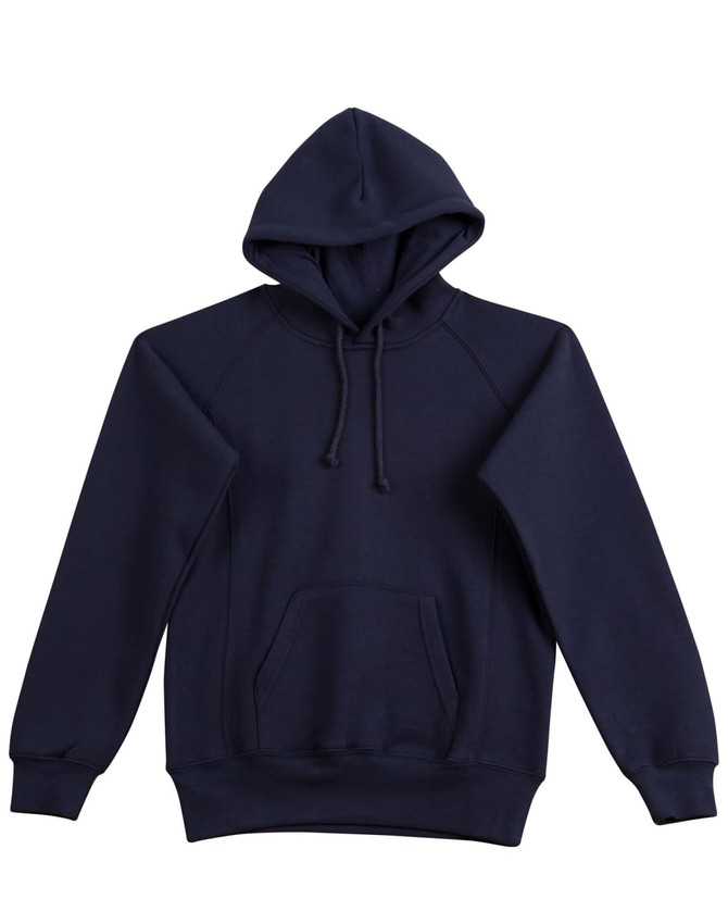 A navy blue ladies' fleecy hoodie featuring a hood, front pocket, and ribbed cuffs. It has a logo on the front.