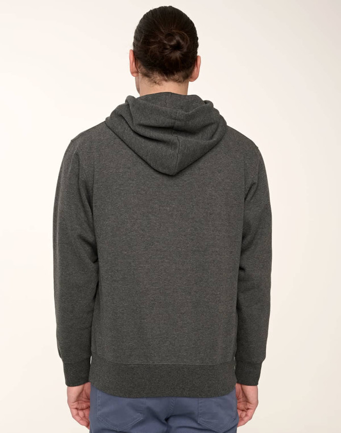 A dark grey adult hoodie with a close front and a hood, featuring a casual fit and ribbed bottom.