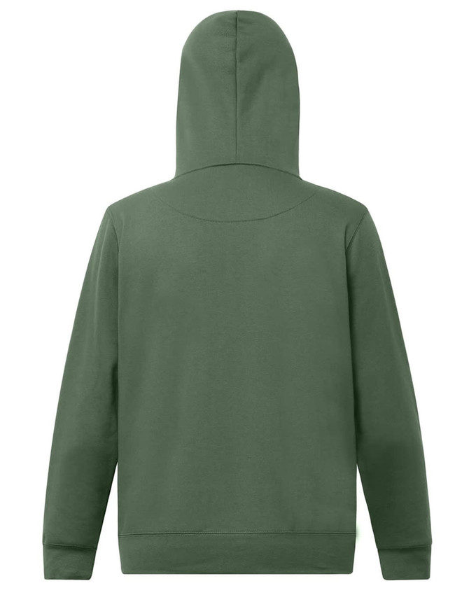 A green hooded fleece jumper with a close front design and a plain back. Features a logo.