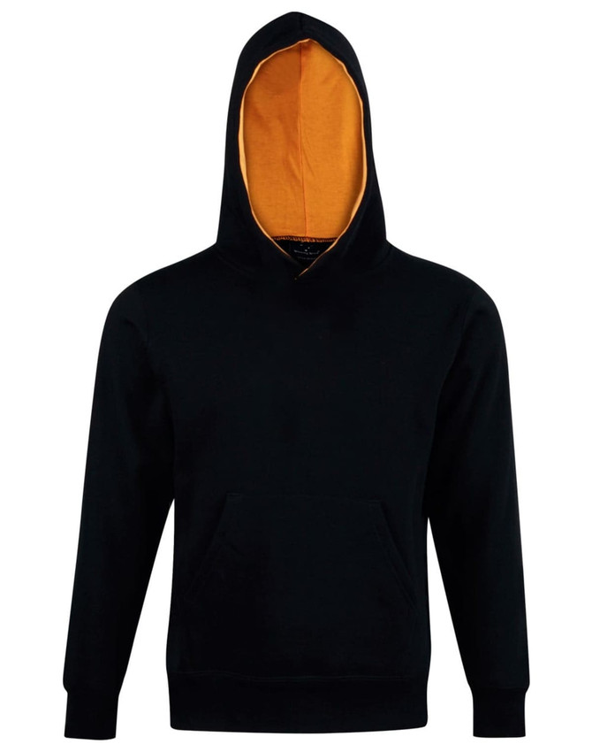 A black hoodie with a contrasting orange lining, featuring a front pocket and a hood. It has a logo.