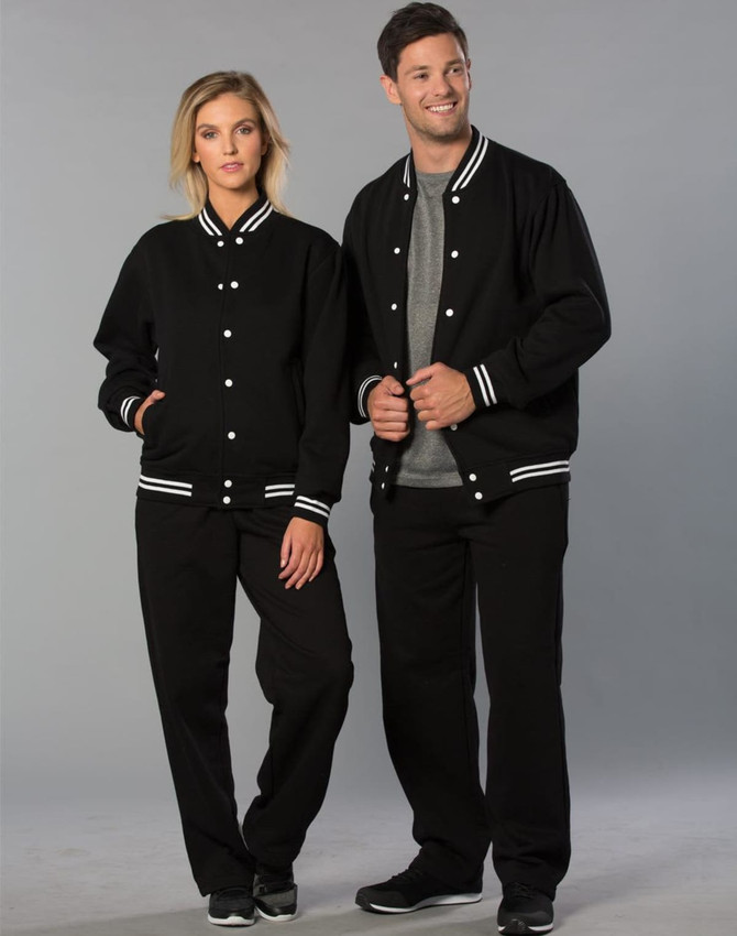 A black fleece varsity jacket with white stripes, worn by a woman and a man, both in matching black pants.