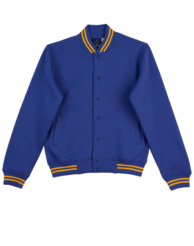 A blue fleece varsity jacket featuring yellow and orange striped ribbed cuffs and collar, with front pockets and buttons.