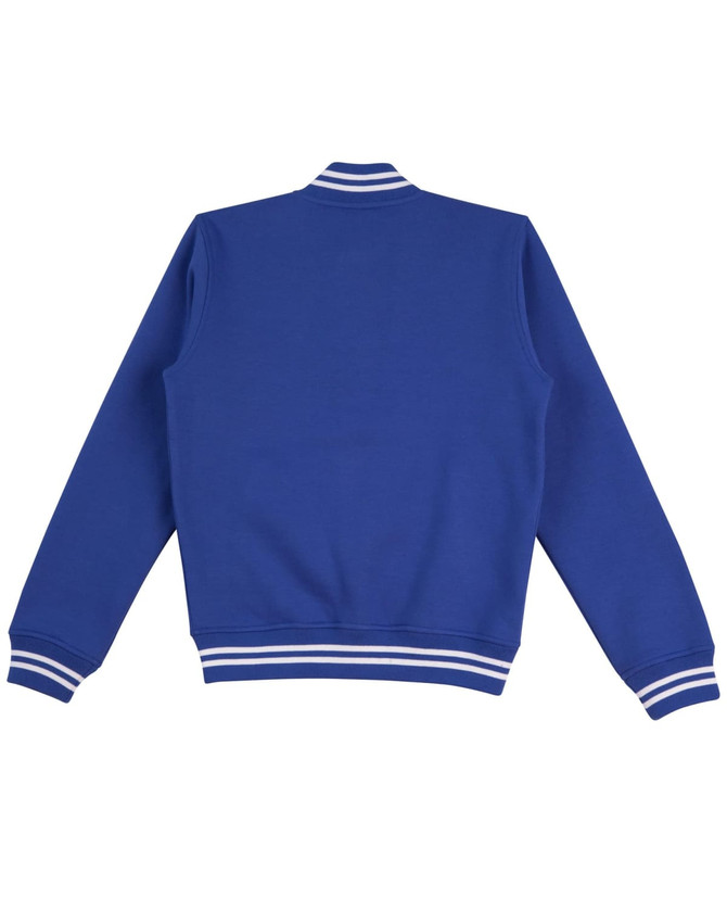 A blue adult's fleece varsity jacket with white striped cuffs and collar, featuring a logo on the back.