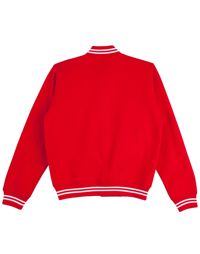 A red adult's fleece varsity jacket featuring a classic ribbed collar and striped cuffs. It has a logo on the front.