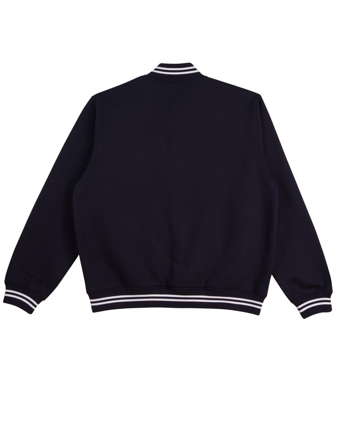 A navy blue kids' fleece varsity jacket with white striped accents on the cuffs and collar. Features a logo.