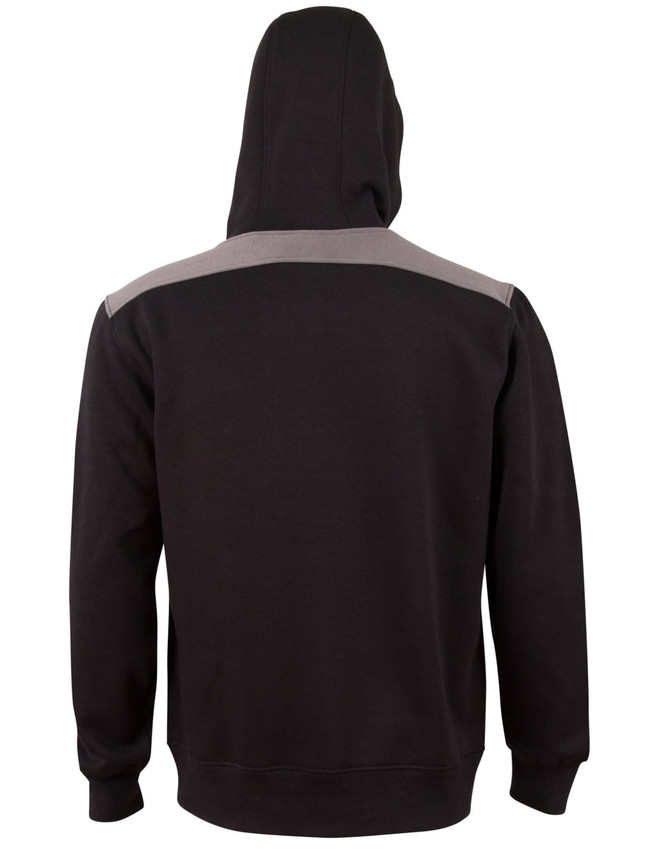 A black adult hoodie with a grey contrast across the shoulders and a hood. It features a logo on the garment.