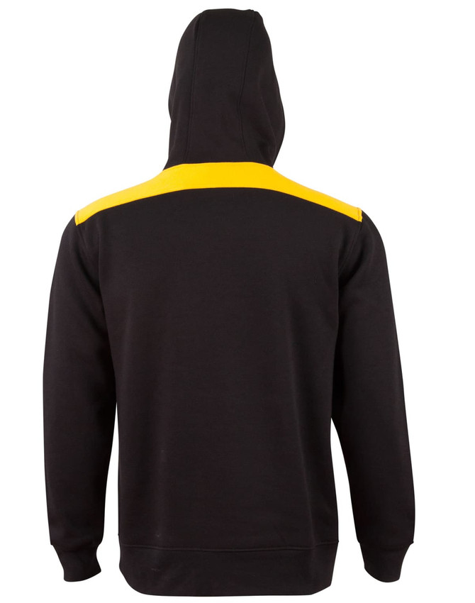 A black hoodie with a yellow contrast stripe across the shoulders and a kangaroo pocket. Features a hood and a logo.