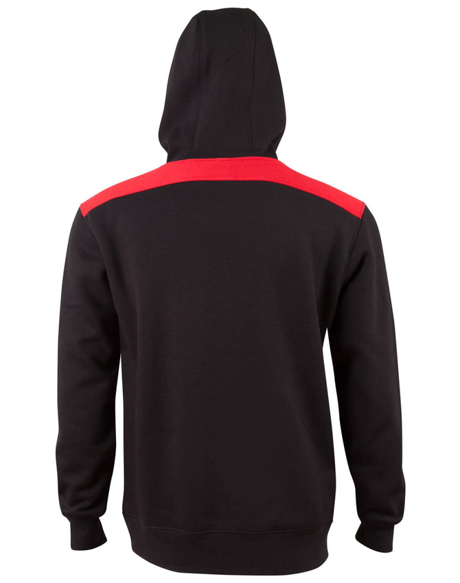 A black hoodie with a red contrast strip across the shoulders and a kangaroo pocket. It features a logo on the front.