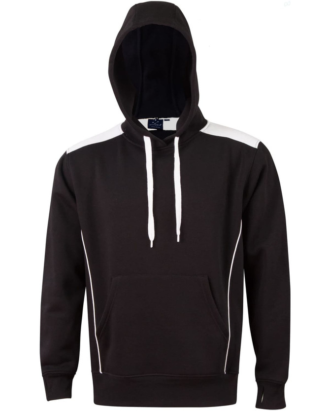 A black hoodie with contrast white detailing and a kangaroo pocket, featuring a hood and drawstrings.