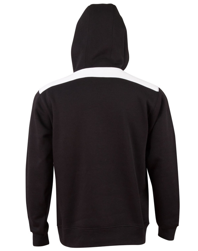 A black hoodie with a contrast white panel on the shoulders and a drawstring hood. It features a logo.