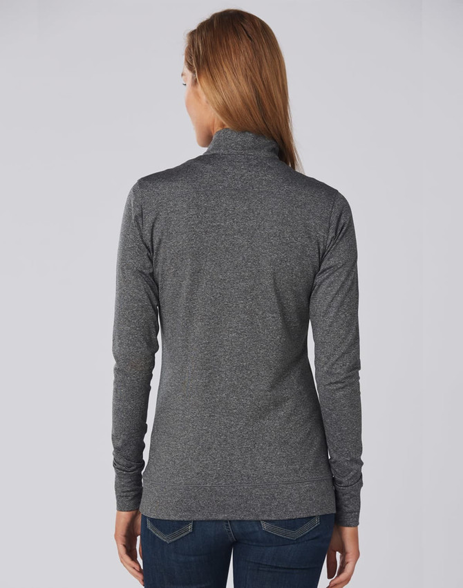 A grey ladies' half zip long sleeve sweat top with a fitted design, featuring a collar and long sleeves.