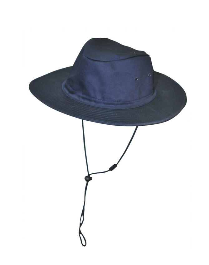 A navy blue slouch hat featuring a break-away clip and an adjustable chin strap. It has a durable design with ventilation holes.