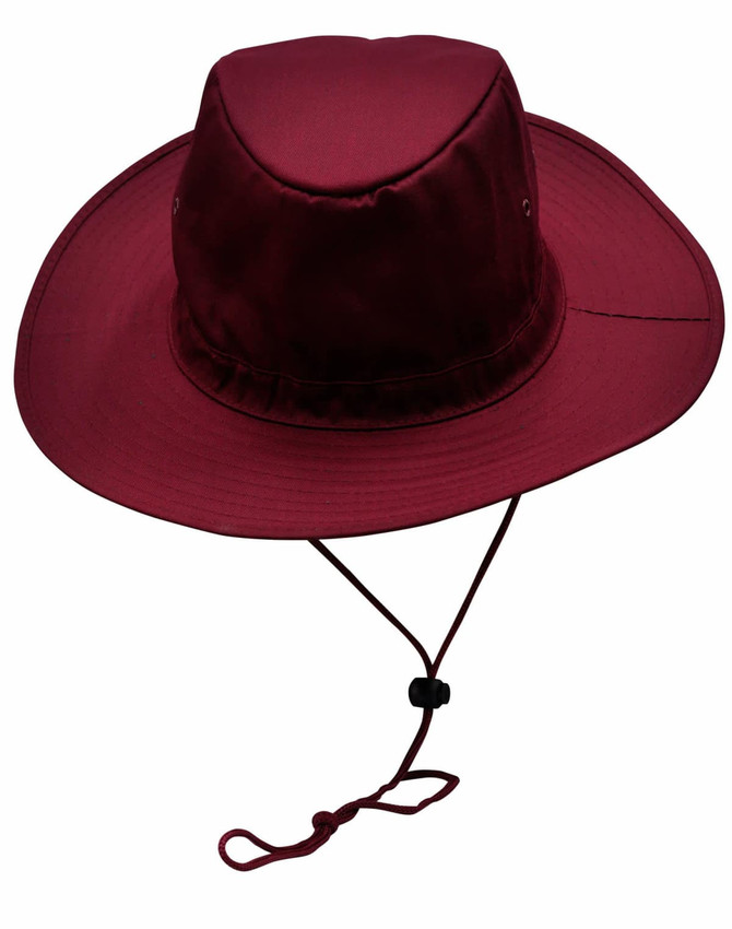 A maroon slouch hat with a wide brim and adjustable break-away clip. It features ventilation holes and a chin strap.