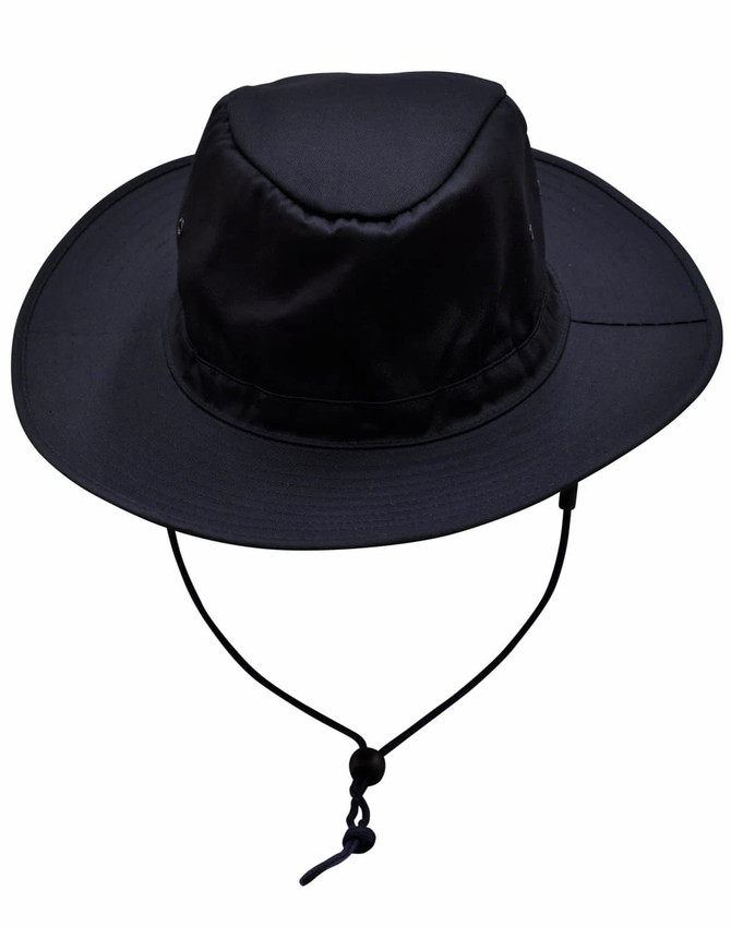 A black slouch hat with a wide brim and adjustable break-away clip for securing under the chin.