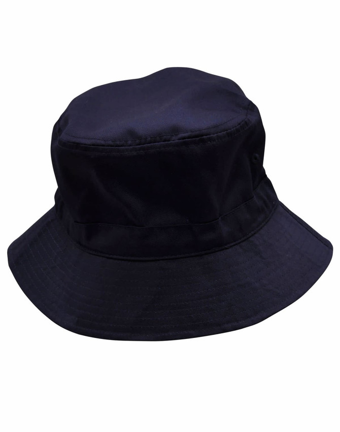 A black bucket hat with a toggle and a wide brim, featuring a small logo.