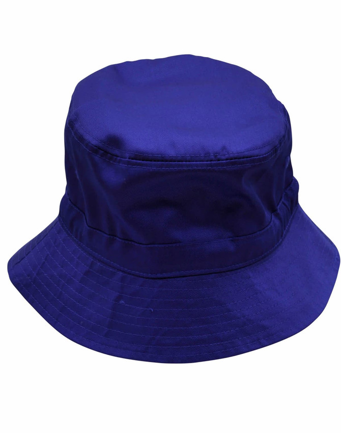 A blue bucket hat with a toggle, featuring a wide brim. The hat has a smooth finish and includes a logo.