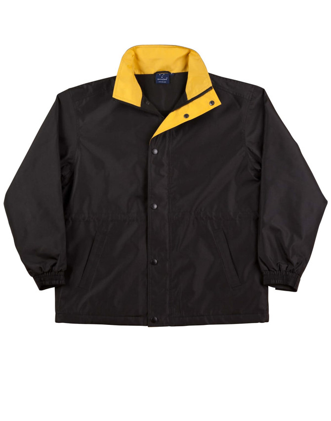 A black varsity jacket with a yellow collar, featuring buttons and elastic cuffs, and a logo on the inside.