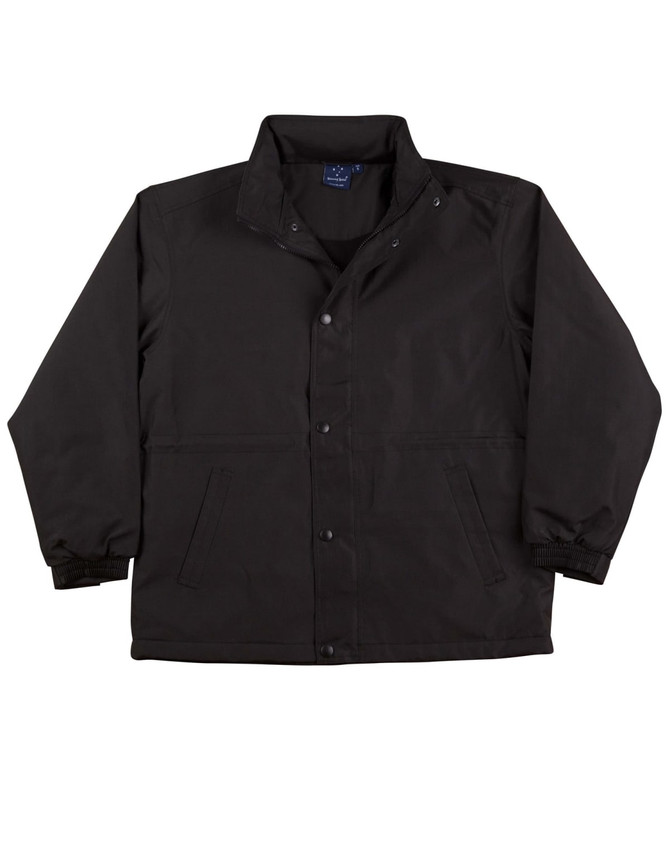 A black varsity jacket featuring a button-up front, side pockets, and elastic cuffs. Includes a logo.
