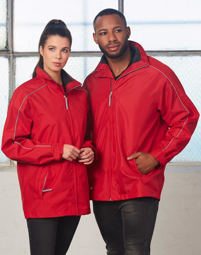 A red sport/racing jacket featuring a zip front and reflective piping, displayed on a male and female model.