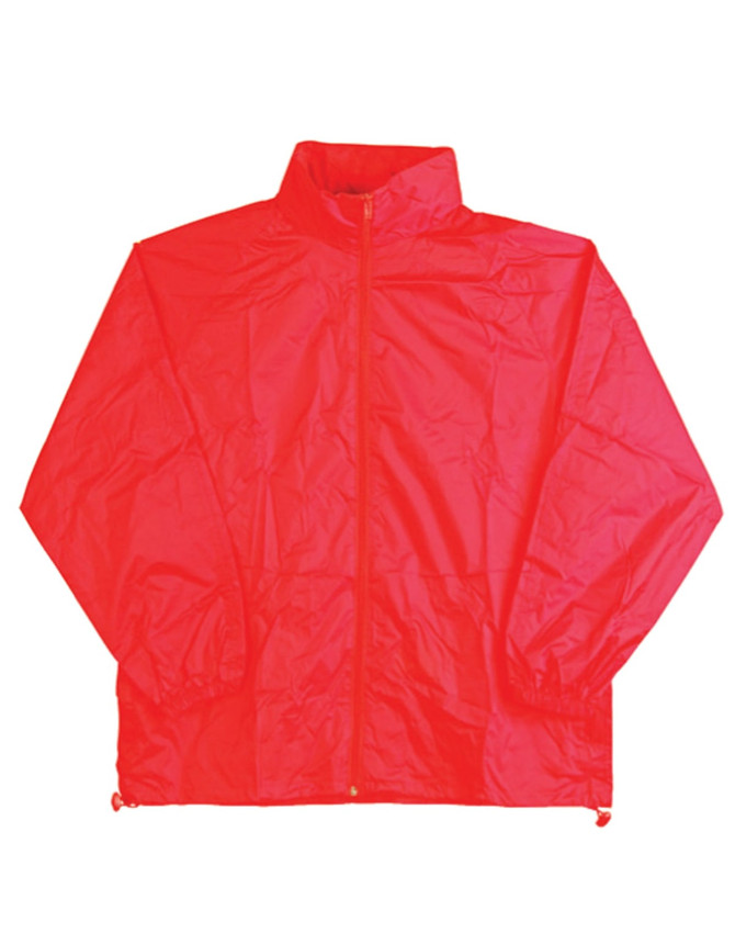 A red outdoor activity spray jacket featuring a full zip and a high collar, with an adjustable hem.
