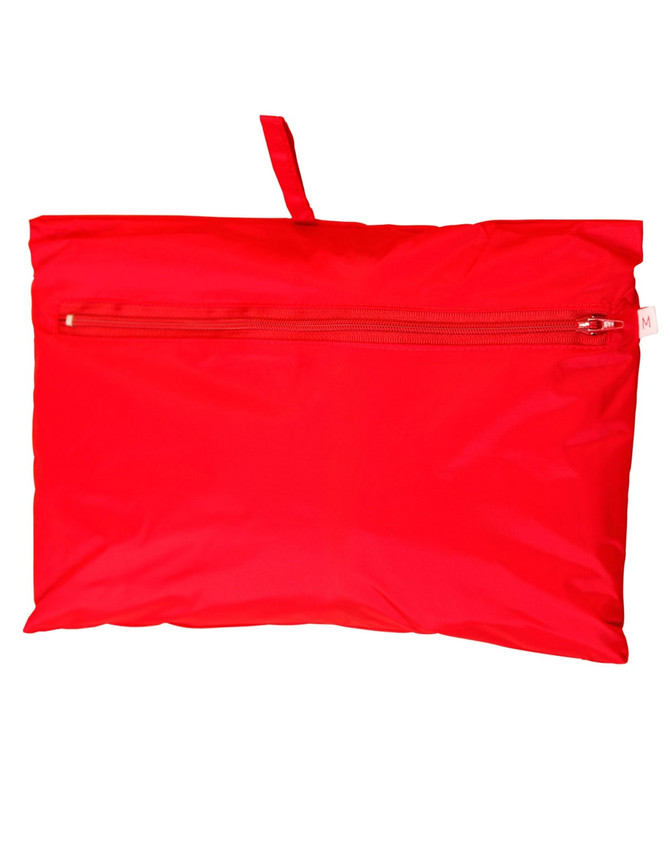 A red outdoor activity spray jacket, compactly packed with a zip closure and a hanging loop. Features a logo.