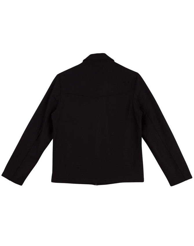 A black wool blend corporate jacket featuring a classic blazer design and a back view, with a logo present.