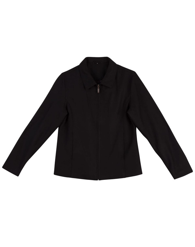 A black ladies wool blend corporate jacket featuring a zipper and a classic collar. The jacket has branding visible.
