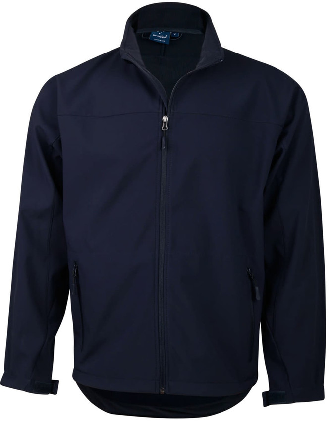 A Men's Softshell Contrast Jacket in navy, featuring a zip front and side pockets, with a logo on the chest.