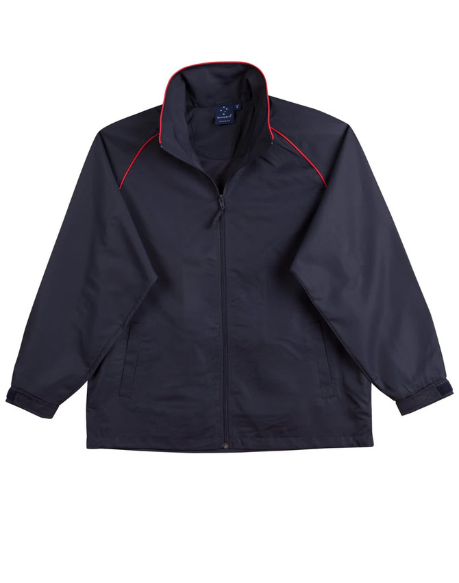 A dark navy track jacket with red accents and a zip closure. It has a high collar and elastic cuffs.