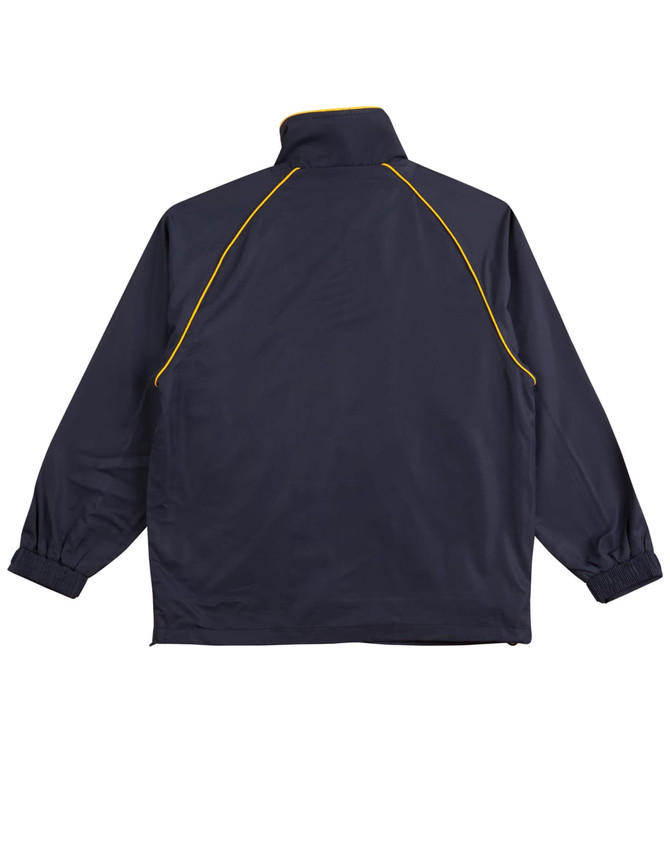 A navy kids' track top with yellow piping, featuring a high collar and elastic cuffs. It has a logo on the back.