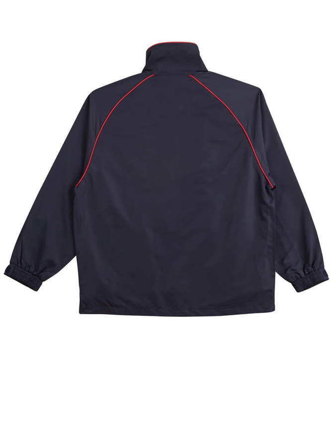 A navy track jacket featuring red piping along the seams and a high collar. It has a logo on the back.