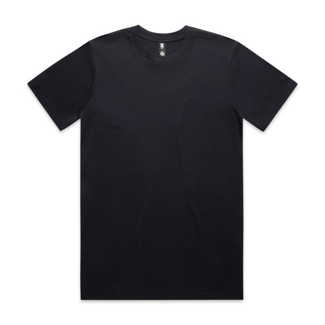 A black classic t-shirt with a round neckline, featuring a label and a minimalist design.