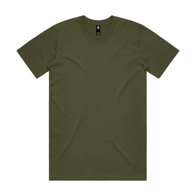 An olive green classic tee made from soft fabric, featuring a round neckline and short sleeves. It includes a logo.