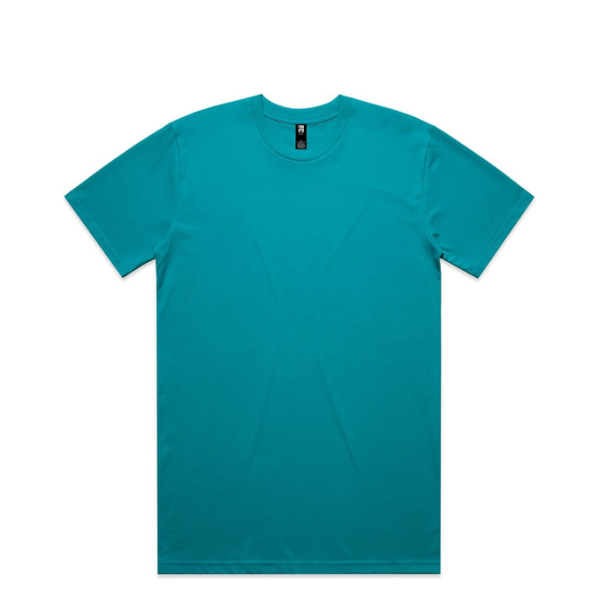 A teal t-shirt with short sleeves and a crew neck, featuring a logo on the label.
