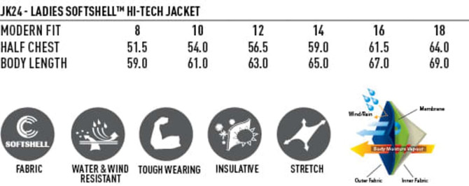 A ladies softshell hi-tech jacket in various sizes, featuring a modern fit, softshell fabric, and water-resistant qualities.