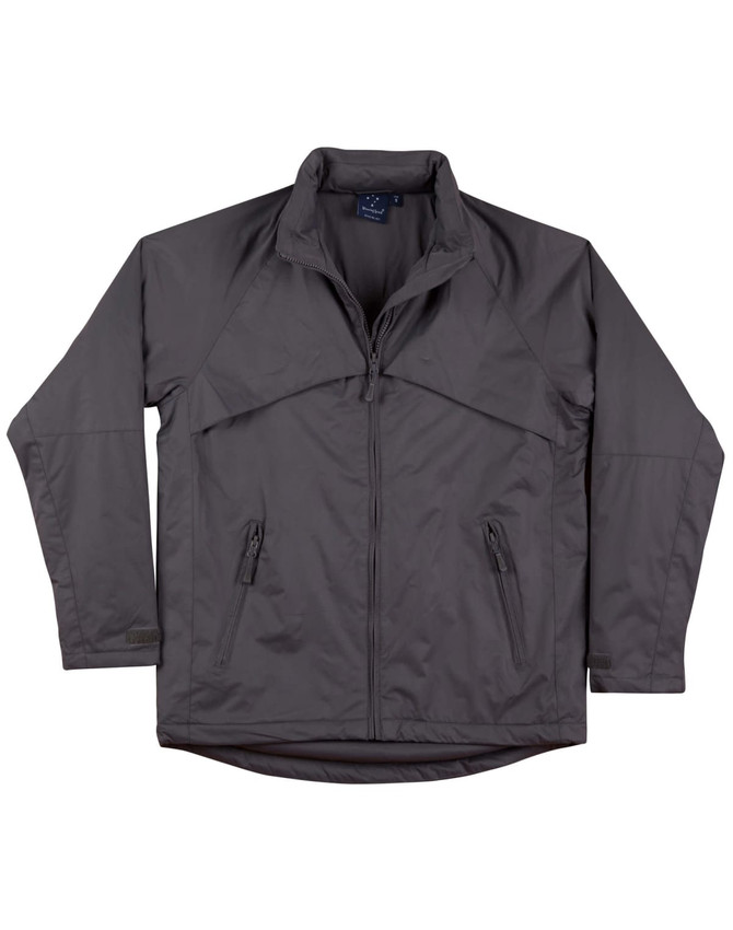 A grey men's chalet jacket featuring a zip closure and two front pockets, with a branded logo on the collar.