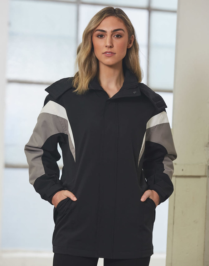 A black jacket with grey accents and a hood, featuring a front zipper and pockets, and includes a logo.
